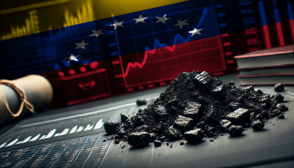 Coal pieces on a table with financial graphs, symbolizing the Venezuela coal industry, energy markets, and the intersection of natural resources and economic growth