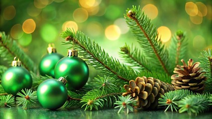 Obraz premium Macro green Christmas elegance pine decor and ornaments on serene green background