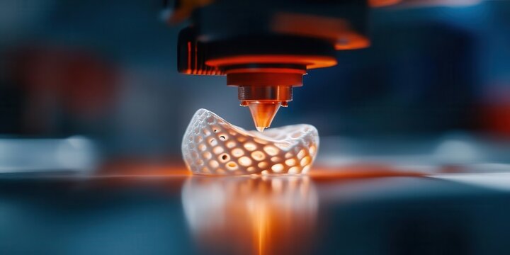 A 3D printer creating a complex part layer by layer, symbolizing additive manufacturing, 3D printing production, technology manufacturing