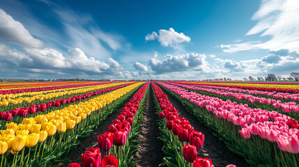 Vibrant tulip field under blue sky.