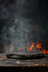 Naklejka premium Empty round slate plate on fire background for product placement