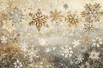 Elegant illustration of delicate snowflakes on a textured background in warm golden tones with intricate patterns