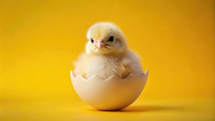 Macro image of a chicken hatching from an egg on a yellow background