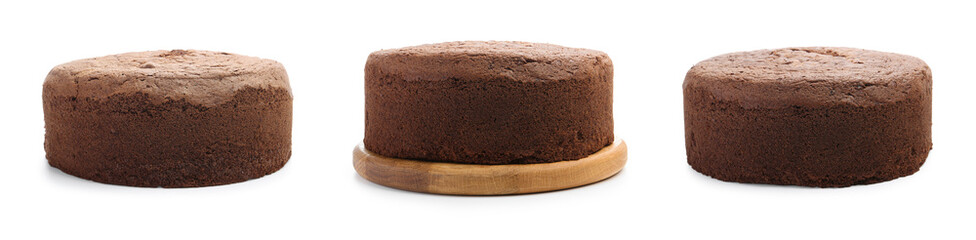 Tasty chocolate sponge cakes isolated on white, set