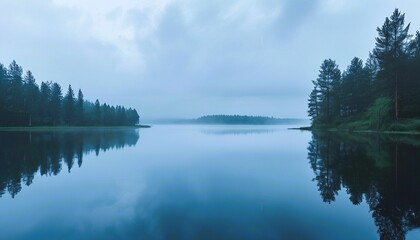 Fototapeta premium Tranquil morning panorama of a lake reflecting the blue sky and lush green mountains, with calm water and a misty river winding through the forest