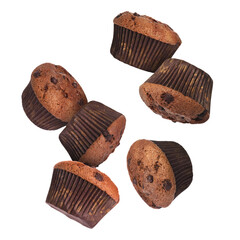 Delicious chocolate muffins in air on white background