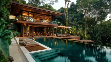 Fototapeta premium Modern Wooden House With Swimming Pool In Tropical Forest