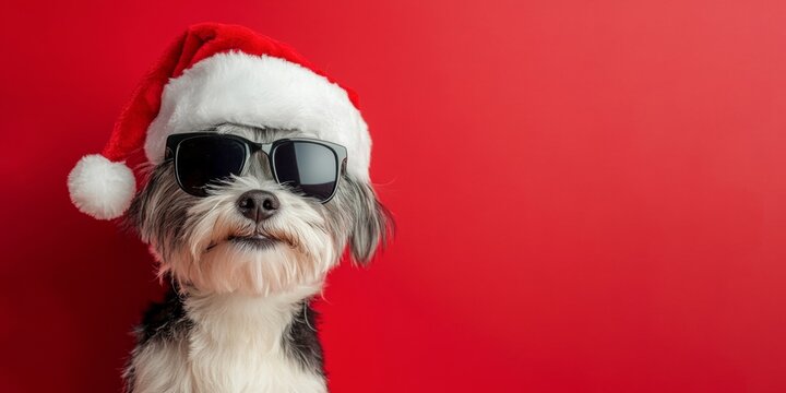 Merry Christmas concept holiday vacation winter animal pet greeting card - Cool santa claus dog with sunglasses and santa hat, isolated on red background
