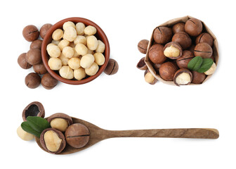 Many macadamia nuts isolated on white, collage
