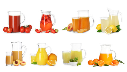 Glass jugs with different juices isolated on white, set