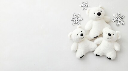 Three cute white teddy bears with snowflakes on a white background.