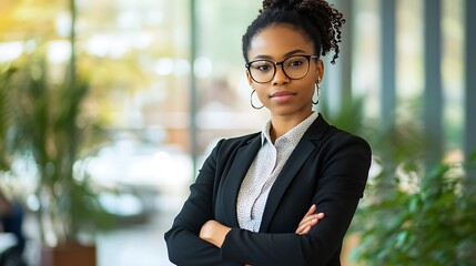  Portrait of a young African American woman standing in an office center wearing a suit and glasses, crossing her arms over her chest and looking confidently at the camera 