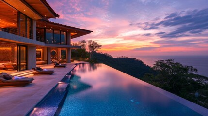 Fototapeta premium Modern Villa with Infinity Pool Overlooking Sunset Ocean