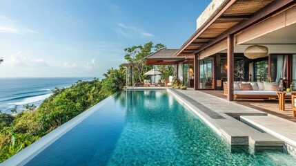 Fototapeta premium Infinity Pool Overlooking Ocean With Luxury Villa