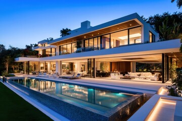 Fototapeta premium A striking modern mansion with cantilevered upper levels, featuring expansive glass walls