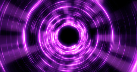 Digital futuristic tunnel or traveling through time and space at high speed. Bright neon corridor.