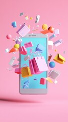 Abstract 3D model of a smartphone with exploding icons of shopping, discounts and digital payment solutions, pastel theme