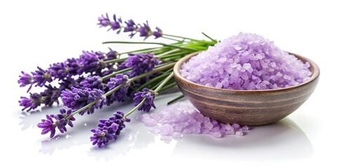 Macro lavender flower and lavender bath salt isolated on white background