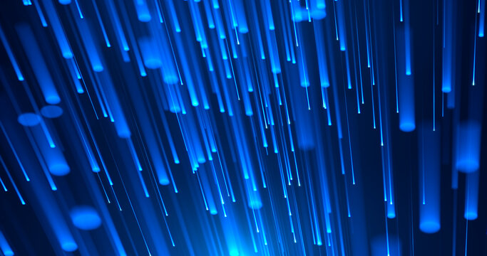 Abstract colorful background with bright neon rays and glowing lines going down. blue neon lines or light stripes. Speed ​​of light.