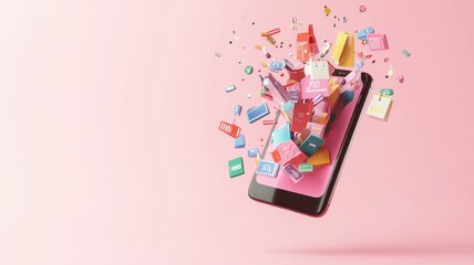 Abstract 3D model of a smartphone with exploding icons of shopping, discounts and digital payment solutions, pastel theme