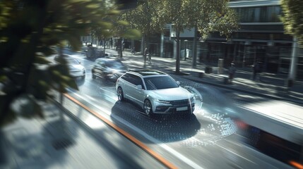 Side view of an autonomous vehicle interacting with traffic, using adaptive cruise control to navigate smoothly through busy lanes, enhanced with digital overlays showing system analytics.