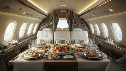 A Luxurious Private Jet Cabin with a Gourmet Meal
