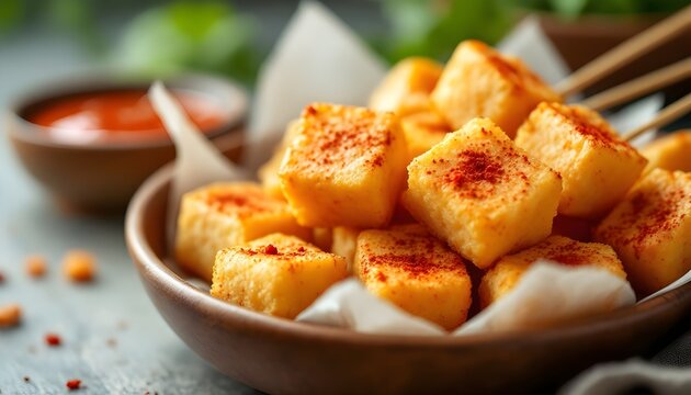 Spicy Fried Awara Soybean Curd Cubes with Dipping Sauce (Northern Nigerian Snack)