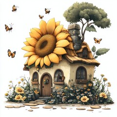 Fototapeta premium Illustration of a Small Cottage with a Sunflower Roof and Butterflies