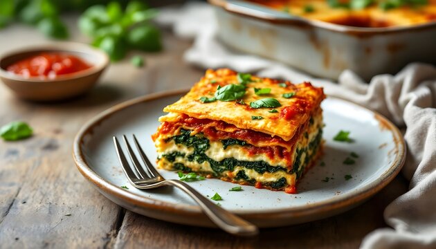 Spinach Matzo Lasagna Layered with Ricotta Cheese and Tomato Sauce (Jewish Cuisine)