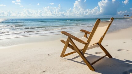 Solitude by the sea, a wooden chair rests on the beach, offering breathtaking ocean views