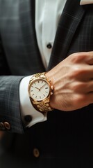 a man in a classic black suit wears a classic gold watch