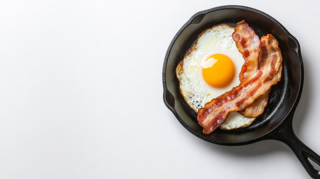 Fried eggs with bacon in a cast-iron frying pan on a white background.