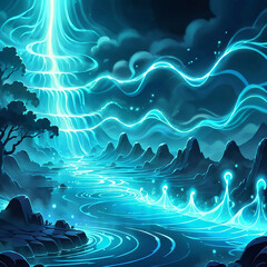 A serene, glowing landscape with flowing water and ethereal light.