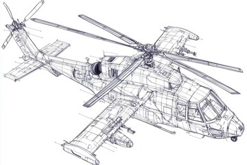 Obraz premium A technical line drawing of a helicopter. The image is a detailed outline showing the structure