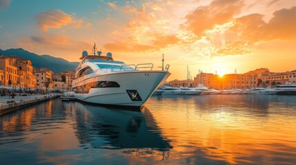 Obraz premium Luxury Yacht Docked in Harbor at Sunset with City Skyline and Mountains