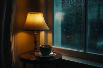 Cozy tea cup near a lamp on a rainy evening.