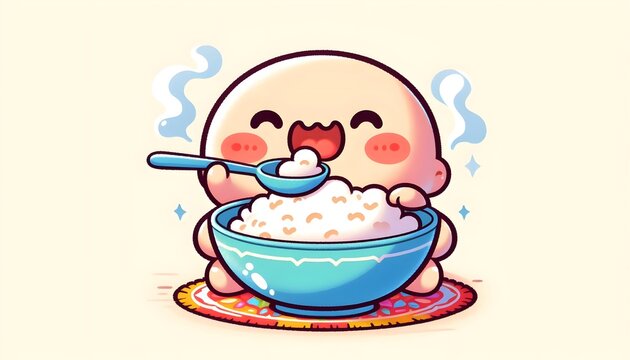 cute character eating rice from blue bowl clip art preview