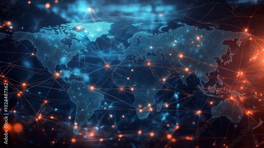 Poster a digital world map with glowing connections representing global networks and data flow.