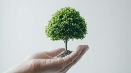 Person holding small tree in open hand showing growth
