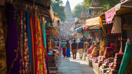 Obraz premium Kolayat Fair in the afternoon, a colorful open market with vendors selling local fabrics, jewelry and food, people walking around enjoying the atmosphere, Ai generated images