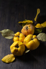 Ripe yellow quince fruits on a plate on a black wooden board