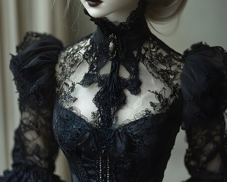 Ball jointed doll in a beautiful and gothic Victorian dress with lace and dark accents