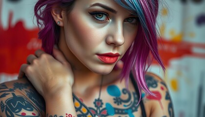 Fototapeta premium Vivid Expression: A Close-Up of a Tattooed Female Artist