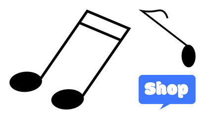 Black musical notes on a white background accompanied by a blue speech bubble with the word Shop. Ideal for music stores, online shopping, advertising, promotions, and retail themes. Clean vector