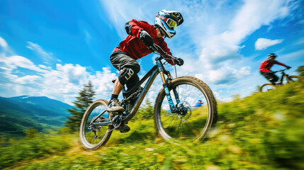 Professional cyclist riding enduro trail mountain bike downhill
