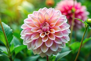 Obraz premium Macro photo of a graceful dahlia flower surrounded by lush greenery with soft white and pink blossoms