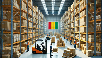 Obraz premium Workers and forklifts organize boxes in a large Guinea warehouse, reflecting logistics, commerce, and efficient supply chain operations
