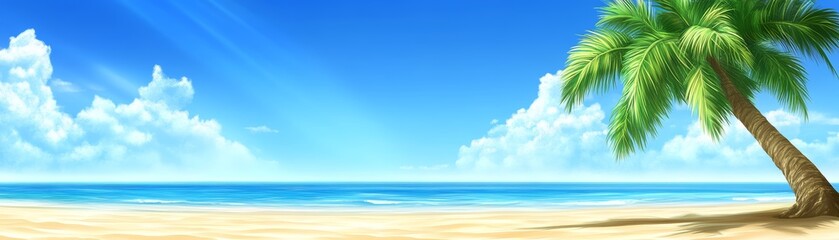 Fototapeta premium Serene tropical paradise, palm trees swaying on a pristine beach with azure waters and sunny sky