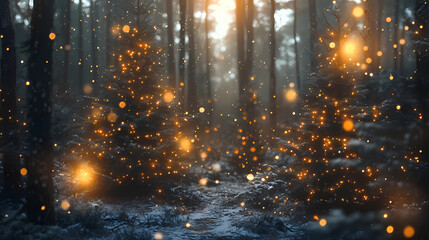 Naklejka premium Magical forest with christmas trees and glowing lights