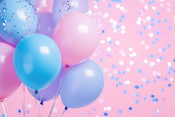 Bright and lively pink and blue balloons against a confetti background, creating a festive atmosphere perfect for celebratory occasions. The vibrant colors